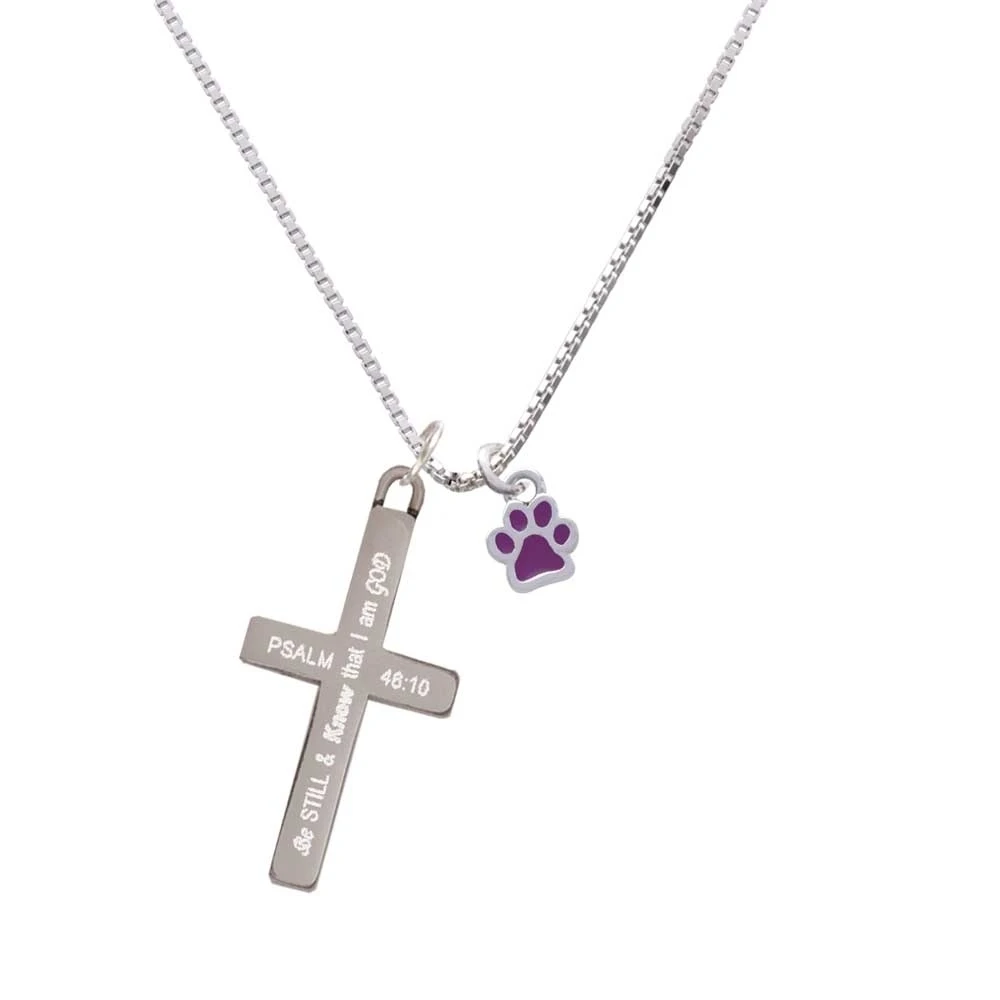 Mini Translucent Purple Paw - Be Still and Know - Cross Necklace