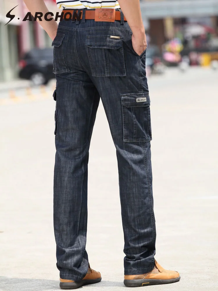 S. ARCHON повседневные джинсы мужские осенние джинсовые хлопковые хип-хоп свободные рабочие длинные брюки джинсы джинсовые брюки мужские джинсы брюки облегающие