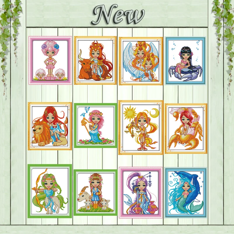 

The twelve zodiac Aries Leo cartoon painting counted printed on canvas DMC 11CT 14CT Cross Stitch kits embroidery needlework Set
