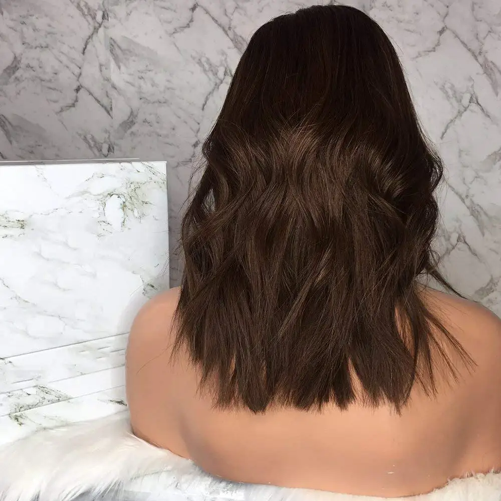 SimBeauty натуральные волнистые средне-коричневые передние кружевные парики Remy бразильские человеческие волосы короткий парик с предварительно выщипанными волосами