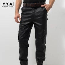 Новинка, черные мужские штаны из натуральной кожи, модные повседневные мотоциклетные штаны больших размеров, мужские кожаные штаны для бега, мужские M-XXXXL