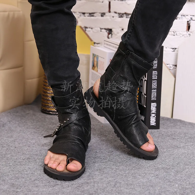 New Arrival Men Sandals Black Leather Ankle Buckle Open Toe New Arrival Men Sandals Black Leather Ankle Buckle Open Toe