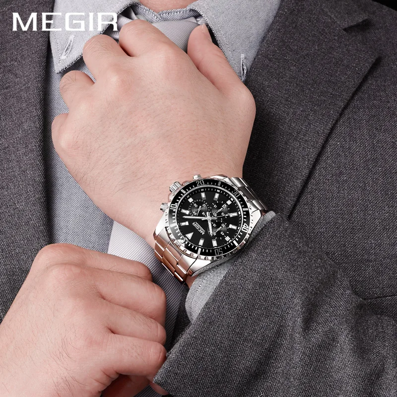 

MEGIR Men Casual Quartz Sport Watches Chronograph Stainless Steel 30m Waterproof Big Dial Sports Military Wrist Watch Male Clock