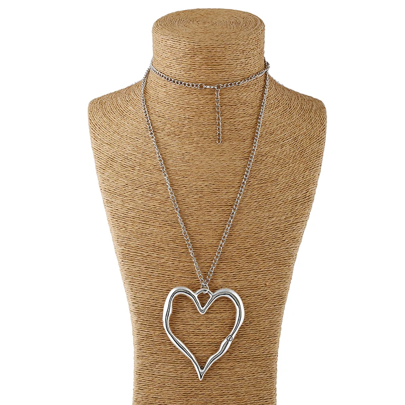 Большое эффектное абстрактное металлическое сердце подвеска и длинная цепочка