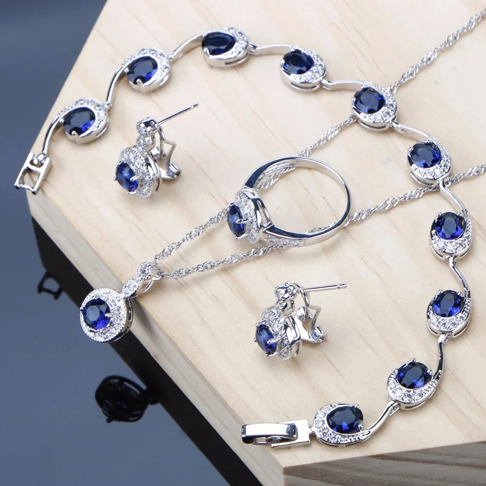 

New Jewelry Sets Blue Cubic Zirconia Women Wedding Fashion Accessories Silver 925 Jewelry Ring Earrings Necklace Bracelet Set