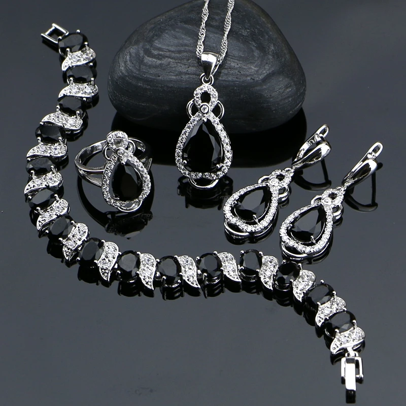 Black Cubic Zirconia White CZ Jewelry 925 Sterling Silver Jewelry Sets