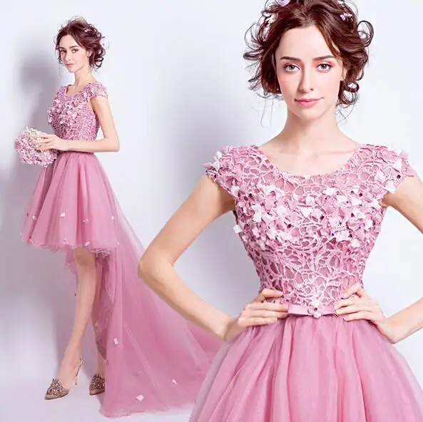 

New Sweet Rose Pink Lace Flower Cocktail Dress Bride Banquet Embroidery Short Front Long Back Sweep Train Party Gown