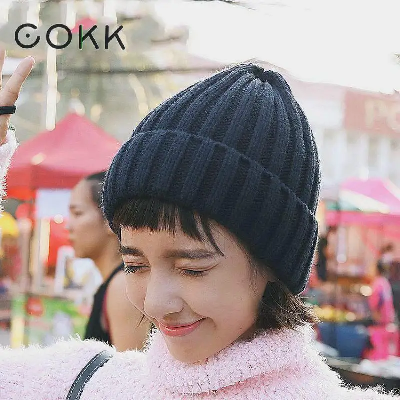 

COKK Womens Hats Knitted Beanie Hats Autumn Winter Knitting Wool Skullies Beanies Men Solid Color Unisex Casual Knit Bonnet Cap