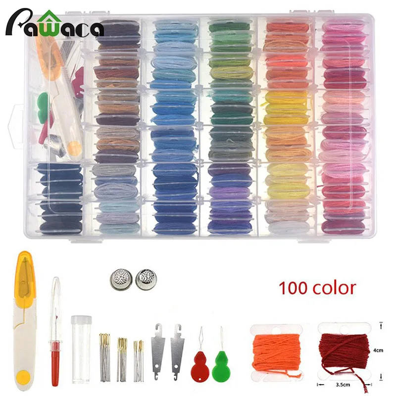 

100/96 Colors Cross Stitch Kits Craft Kit With Threader Needles Storage Box Scissors Embroidery Thread Knitting Sewing Tool Kit