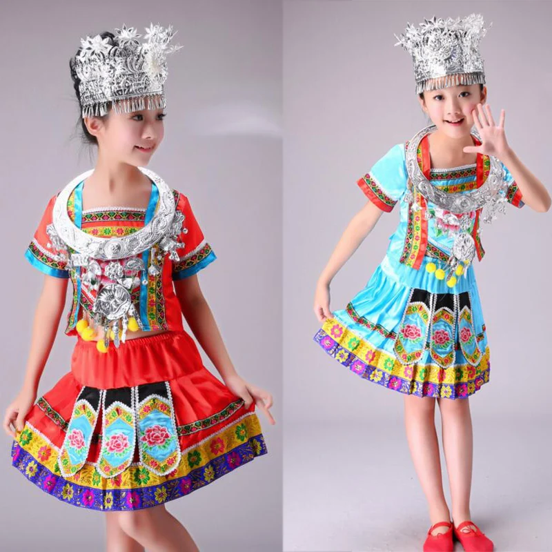 

promotion miao clothing hmong clothes Chinese folk dance costume for child traditional chinese costume pleat skirt with headwear