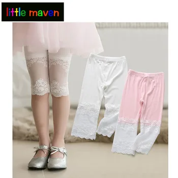 

2018 Baby Girls Leggings Lace Stitching Knee-Length Cotton White/Pink/Blue/Purple/Grey Pants Preschool Children Girl Kids 2-8 Yr