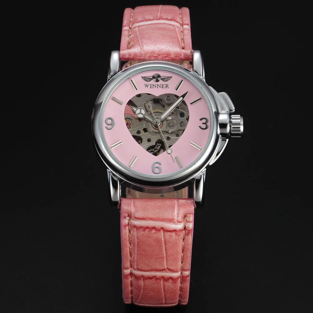 WINNER женское платье механические часы с покрытием стекло в форме сердца Скелет циферблат розовый кожаный ремешок женские Автоматические наручные часы