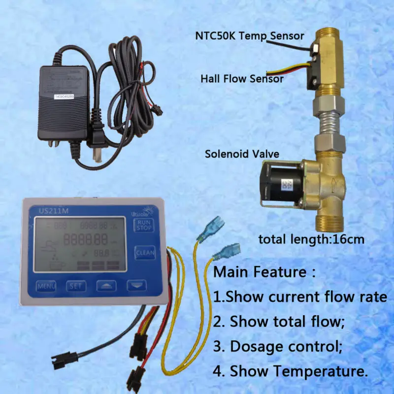 Online US211M Sensor de flujo de agua Reader Digital medidor de flujo con USC HS21TLT de efecto hall, sensor de flujo de agua y NTC50K sensor de temperatura
