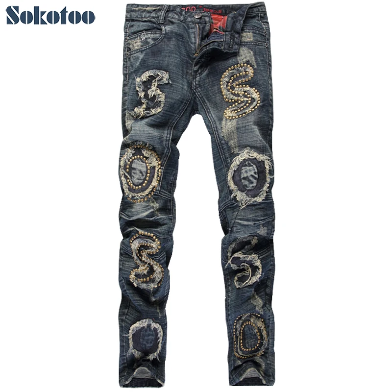 Sokotoo мужские модные тонкие в заклепках рваные джинсы с налокотниками, в стиле кэжуал джинсы с пэчворком длинные брюки
