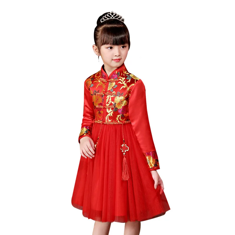 

Children's cheongsam dress for girls Clothing New Chinese style Kids long-sleeved Mesh princess retro dresses 3 4 6 8 10 12Years