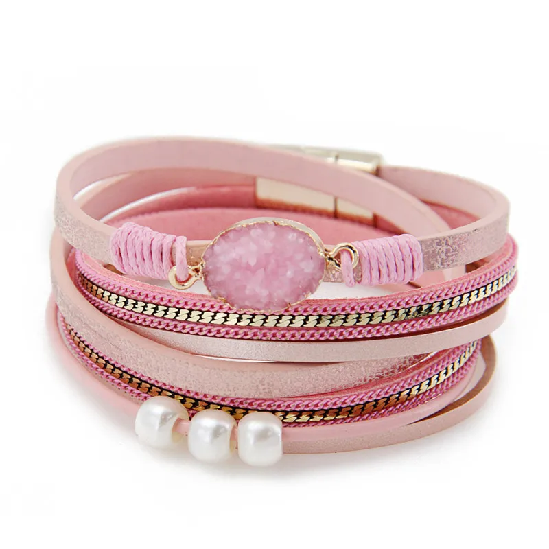 Multi-Layer Leather Wrap Bracelet Boho Braided Cuff Bangle Crystal Bead Bracelet Handmade Magnetic Clasp Bracelet for Women