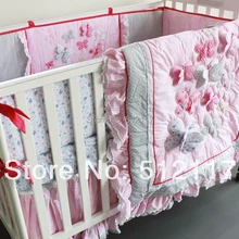Новинка года 6 шт. вышитые 3D Розовая бабочка Кружево детские кроватки Детская кроватка Постельное белье 4 товаров Стёганое Одеяло Бампер оснащен Простыни для девочки