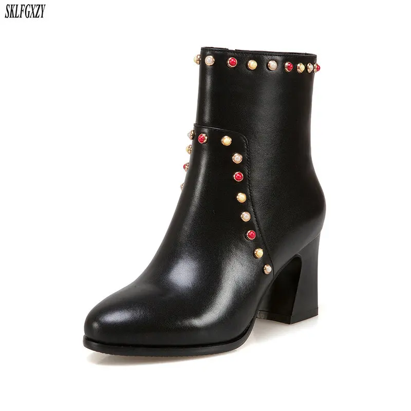 

SKLFCXZY 2018 New fall styles leather women boots beaded zipper ankle boots women shoes size 34-43