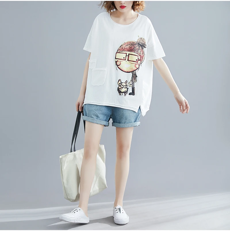 Big Size Summer Style T-shirt Women Cartoon Print Cute Female Large Korean Loose Fashion O-neck White Tops&amptees | Женская одежда