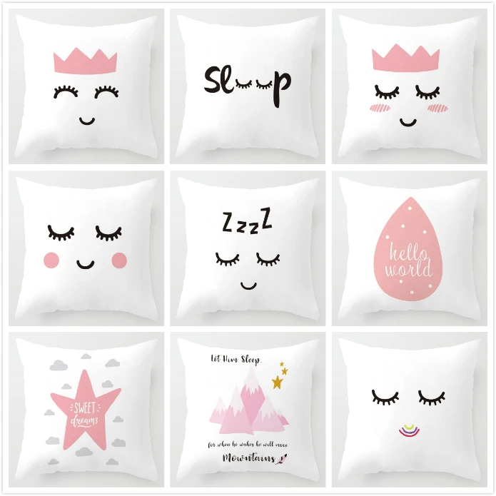 

Nordic Children Cushion Cover Pink Crown Eyelash Cartoon Smile Sleep Sweet Eyelashes Cute Pillow Case Mountain For Room Decor