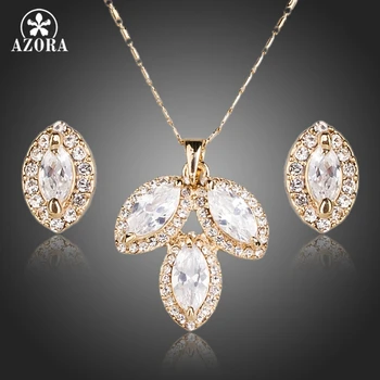 

AZORA Big Cutting Cubic Zirconia Three Leaves Pandent Necklace and Stud Earrings Jewelry Sets TG0142