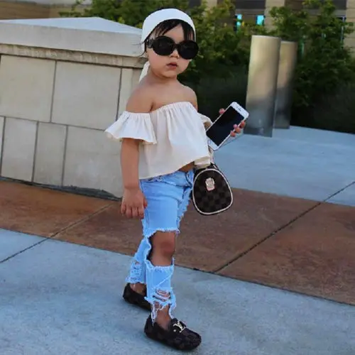 Toddler kid girls clothing Off shoulder sleeve tops Vest ripped hole pants Outfits Baby girl clothes set kids clothing set girls clothing set