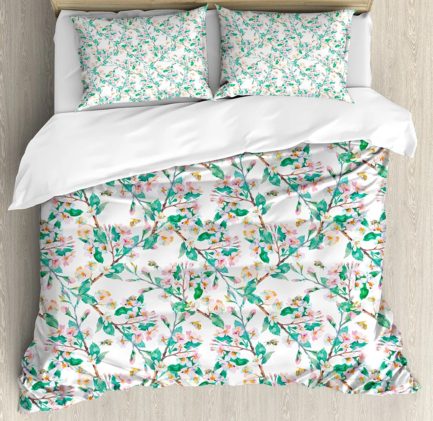 Flower Duvet Cover Set Pink Cherry Blossoms Pattern With Bumble