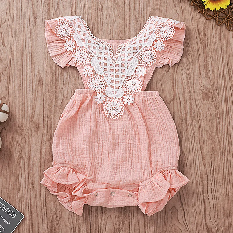 

Pink Baby Girl Onesie Flutter Sleeve Backless Newborn Bodysuits Lace Toddler Outfit Summer Clothes for Baby Girl