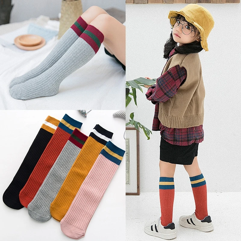 

5 Pairs baby infant toddler bebe kids children girl boy knee high socks 7 8 ribbed stockings striped school sports 80% cotton