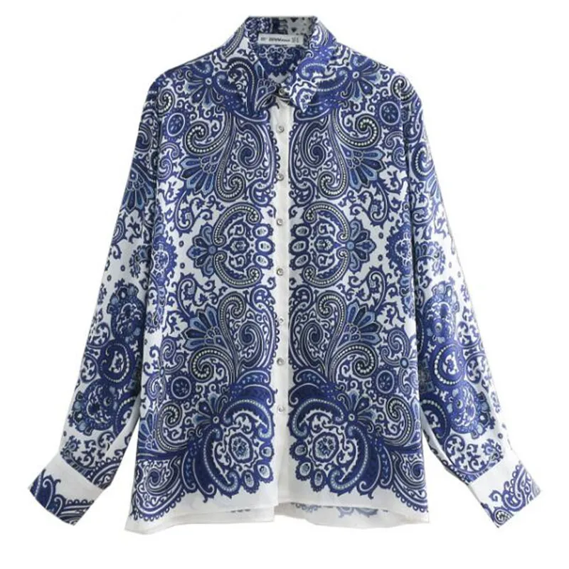 2019 Vintage Chinese Blue Floral Print Shirt Woman Single-Breasted Button Long sleeve OL Blouse Femme Turn-Down Collar Tops
