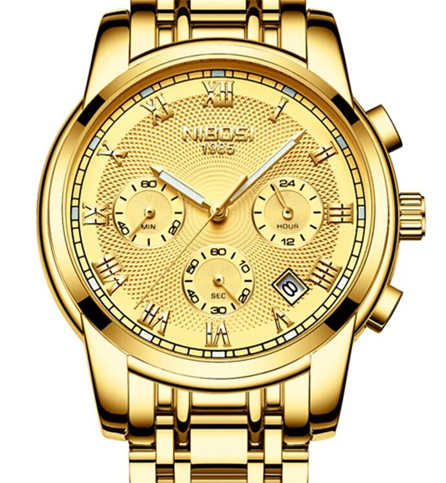 

NIBOSI Relogio Masculino Men's Watch Luxury Golden Watches 3ATM Waterproof Clock Chronograph Wristwatch Stainless Steel Band