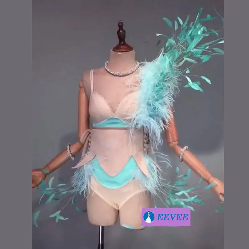

Nightclub Female Leading Dancer Costumes Bar DJ Singer Performance Outfits Model Show Sexy feathers Bikini sets Stage Wear