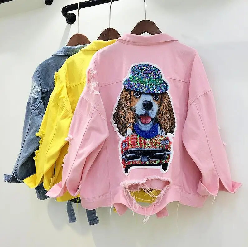

2019 New Spring Women's Cartoon Dog Sequins Broken Holes Denim Jacket Students Loose Candy Color Coat Short Jeans Jacket Outwear