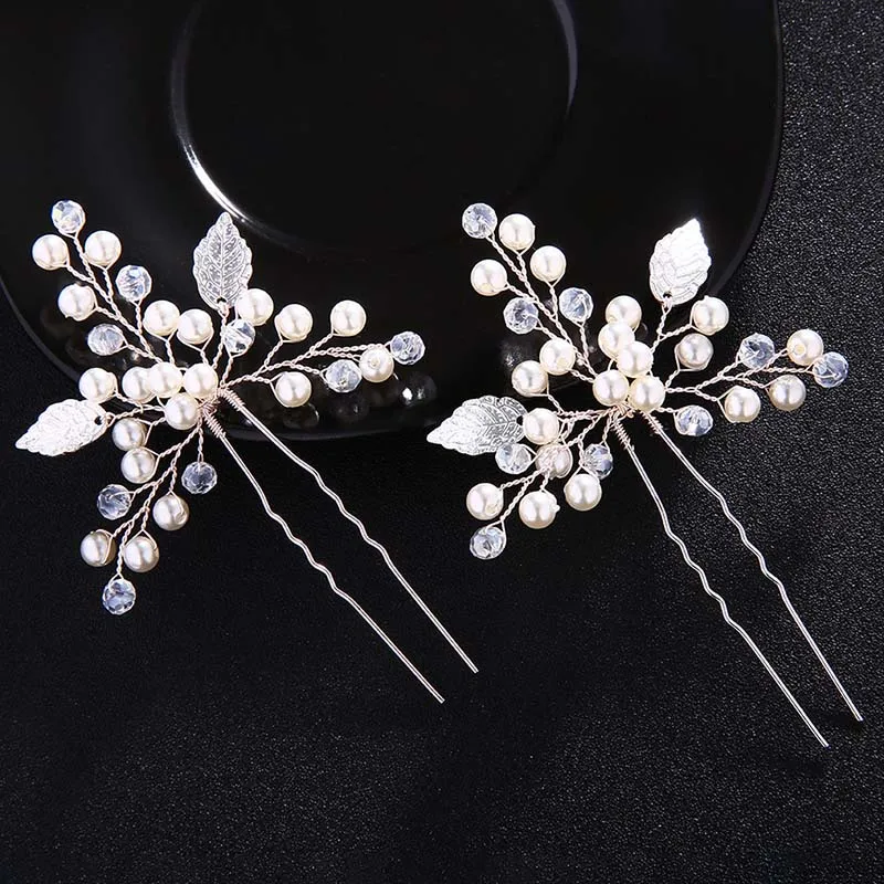 FORSEVEN 2pcs Simulated Pearl Hand-made Bridal Hairpins Crystal Hair Pins Silver Color Leaves Hairdress Wedding Accessories | Украшения и