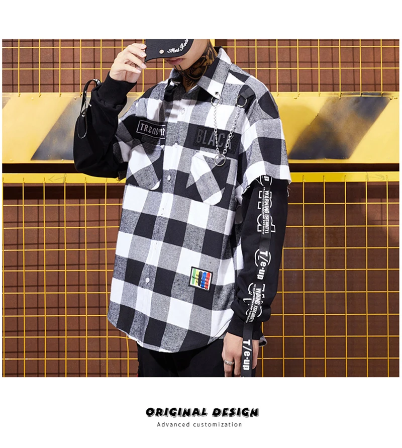 Red And Black Plaid Patchwork Shirt Men  (12)