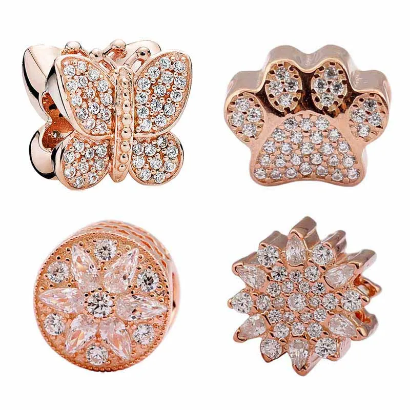 

Rose Gold Sparkling Butterfly Bear's Paw Radiant Bloom Ice Beads Fit Pandora Bracelet 925 Sterling Silver Charm DIY Jewelry