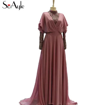 

SoAyle Vestido de Madrin 2018 Mother of Bride Dresses Plus Size Long Sleeves Muslim Chiffon Beading Wedding Guest Dresses