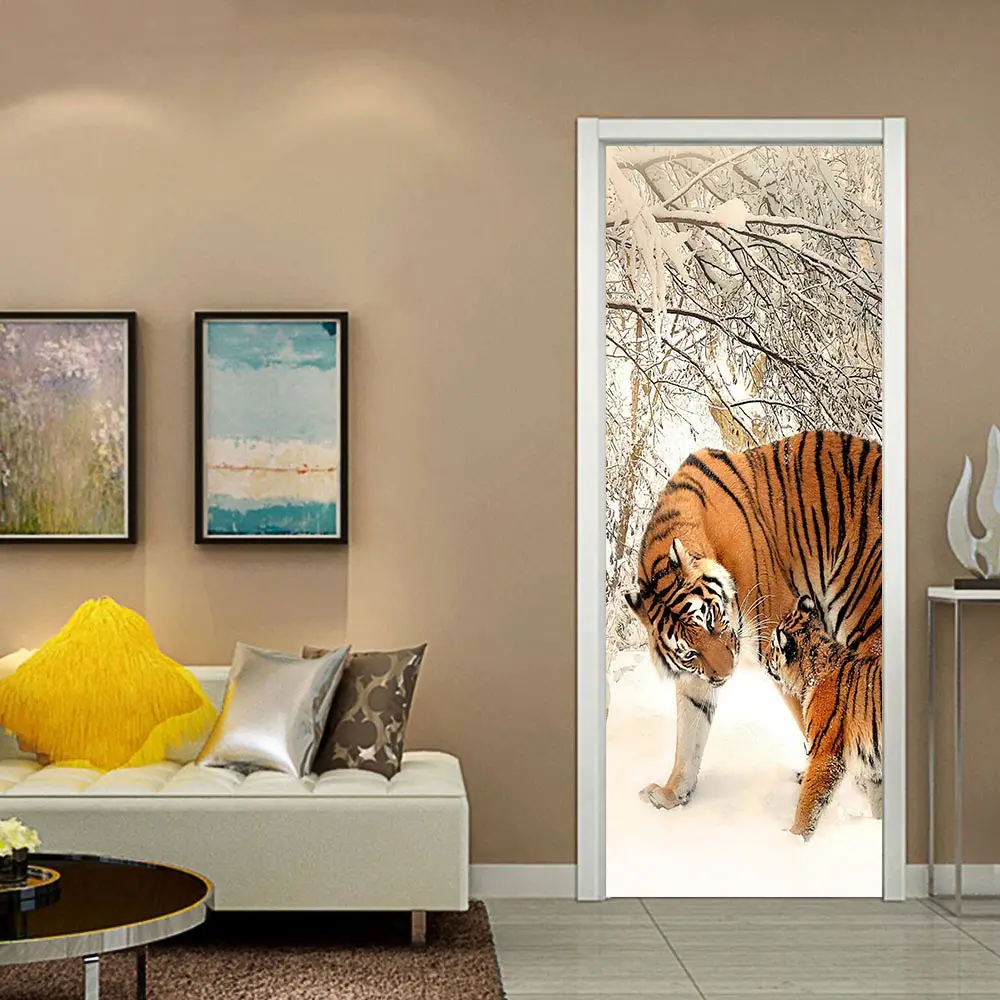 Новые 3D креативные наклейки на дверь снежного тигра s самоклеющиеся DIY плакат, Декор для дома спальни гостиной ПВХ водонепроницаемый стикер на стену