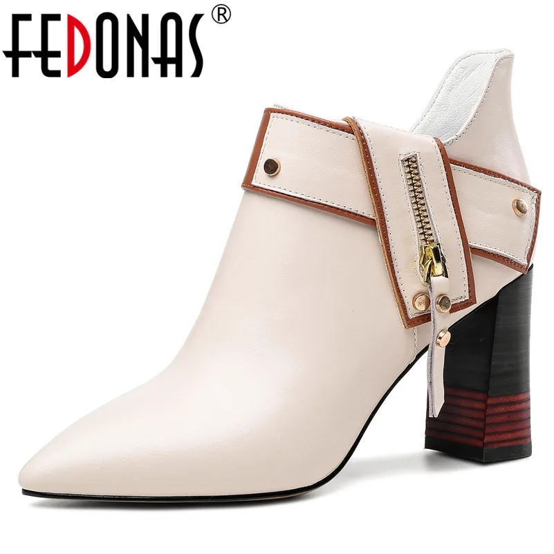 

FEDONAS New Fashion High Heels Women Ankle Boots Spring Autumn Zipper Chelsea Boots Genuine Leather Party Office Shoes Woman