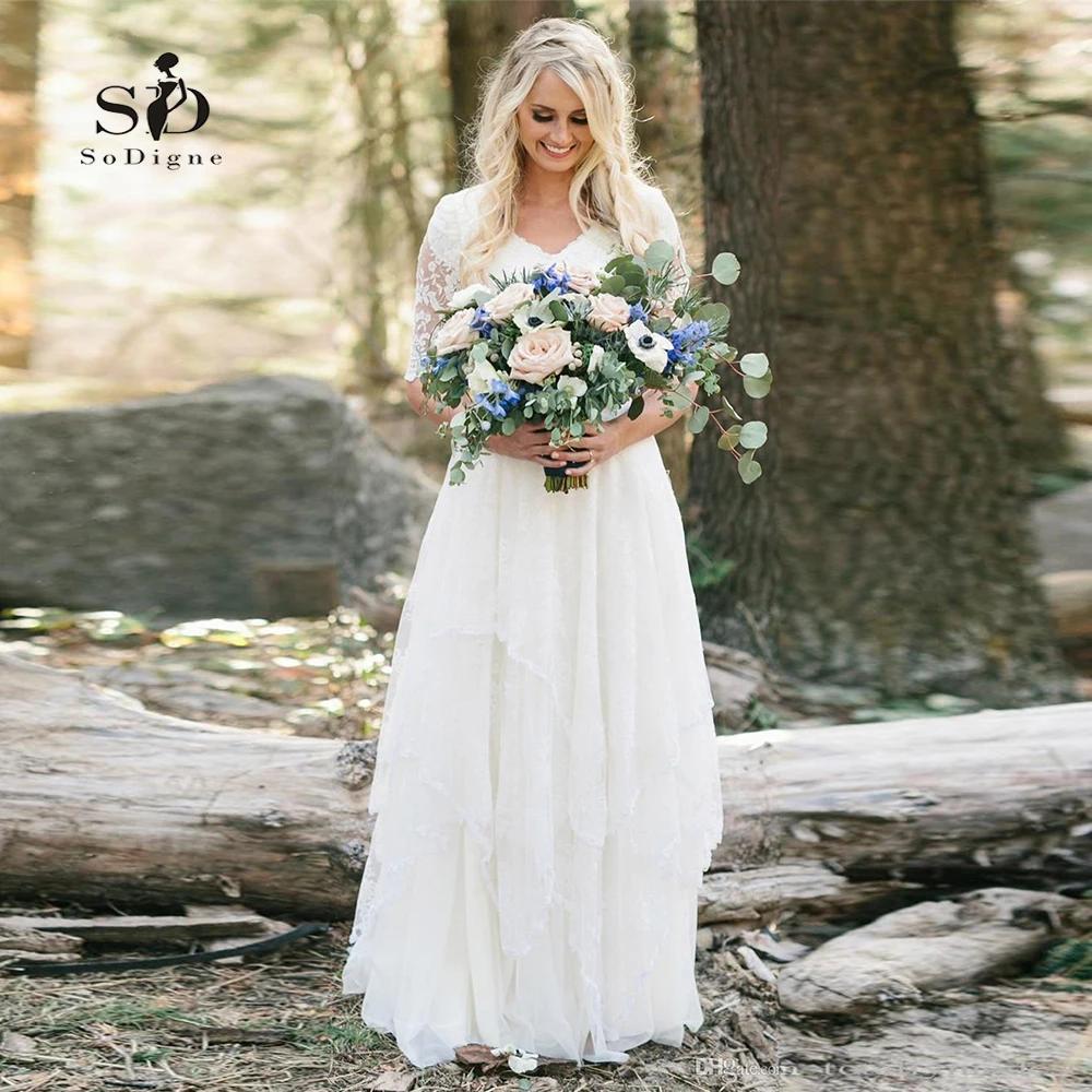Hot Beach Long Wedding Dress Simple Short Sleeves Lace Chiffon Beach Long Wedding Dress Simple Short Sleeves Lace Chiffon Vintage Tiered Sweep Floor Gelinlik