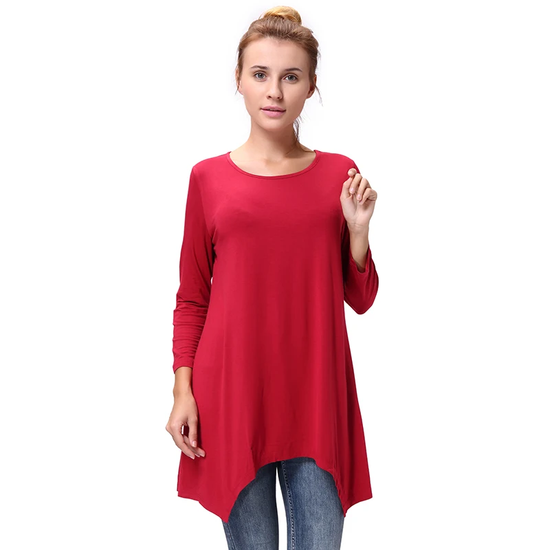 

SAYFUT Women's O Neck Pleated Solid Color Loose 3/4 Sleeve Asymmetric Hem Tops High Waist Casual Basic T Shirts Plus Size