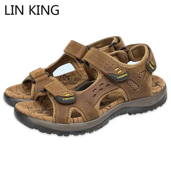 

LIN KING New Design Fashion Men Genuine Cow Leather Sandals Summer Beach Shoes Soft Sole Comfortable Non Slip Man Outdoor Sandal