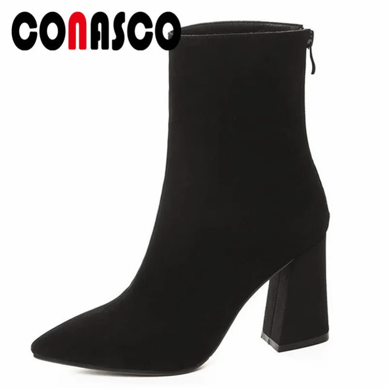 

CONASCO Fashion Women Ankle Boots Autumn Winter Warm Suede Leather High Heels Shoes Office Career Square Toe Zipper Shoes Woman