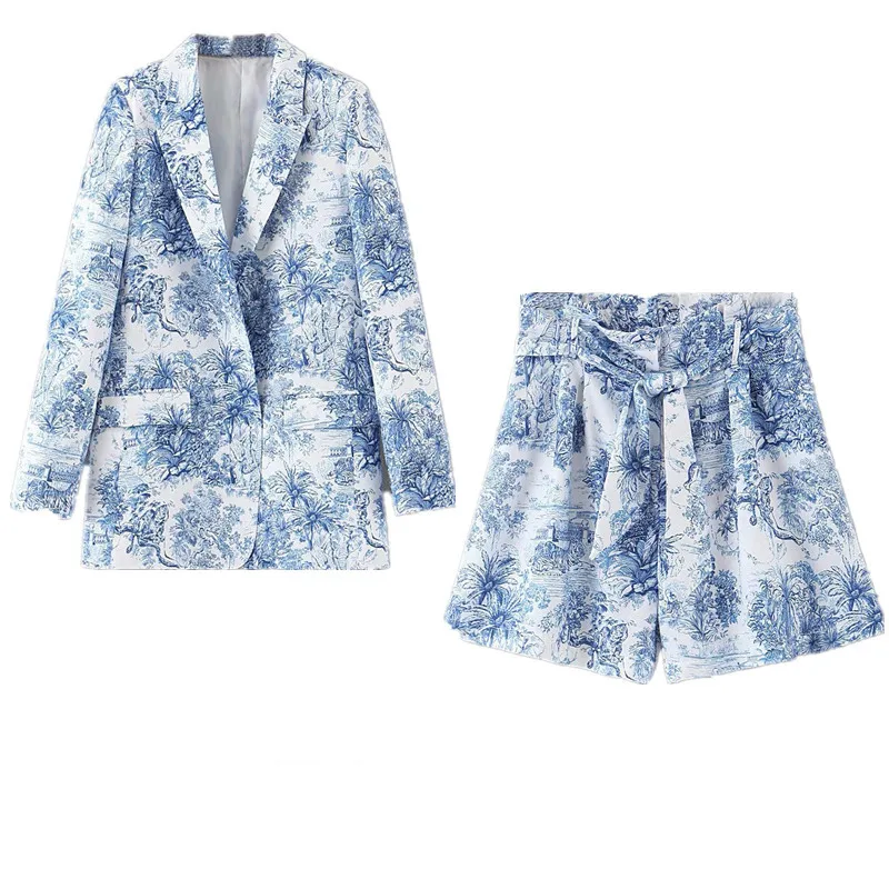 

Short suit 2019 new blue and white porcelain one button suit jacket + high waist with wide leg casual shorts two-piece suit
