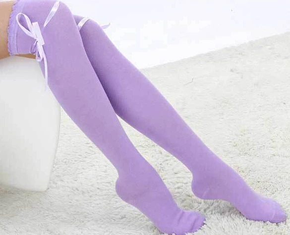 W014 Purple YRRETY, женские сексуальные чулки с лентами, Чулки с бантами, колготки, чулки до бедра, женские носки для обуви, хлопковые чулки выше колена - Цвет: W014 Purple