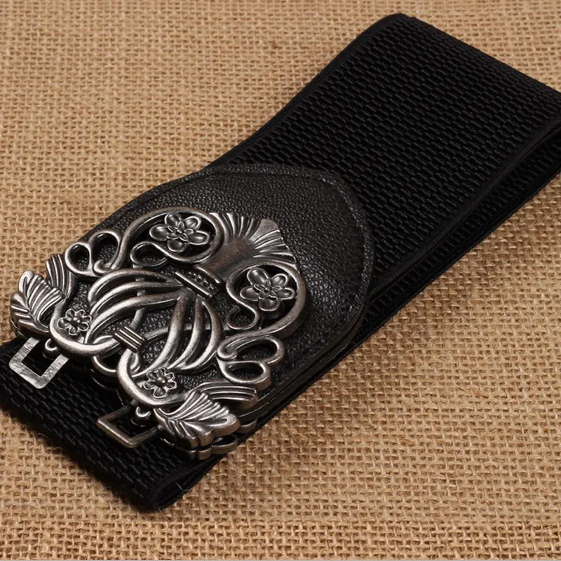 

Women Belt Waistband Alloy Flower PU Leather Belt Head Elastic Vintage Strap with Automatic Buckle JL