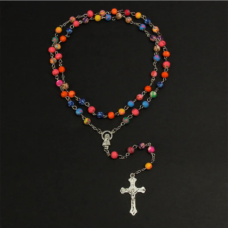 

6mm Polymer Clay Beads Rosary Cross Pendant Necklace Virgin Mary Center Christian Catholic Religious Jewelry Gift