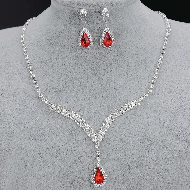 

Crystal Tennis Red Necklace Earrings Wedding Bridal Bridesmaid Jewelry Sets Water Drop Pendant Jewelry Accessory
