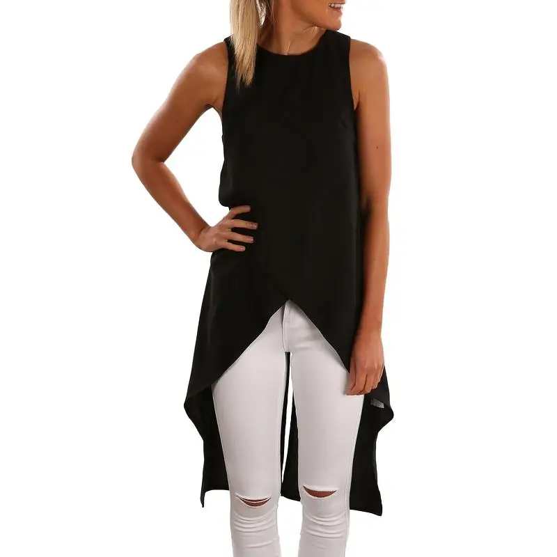 Dreszdi Summer Casual Black Tank Top Women High Split Back Sleeveless Blouse Cool Hi-Low Hem Ladies White Tops S-XXL (2)