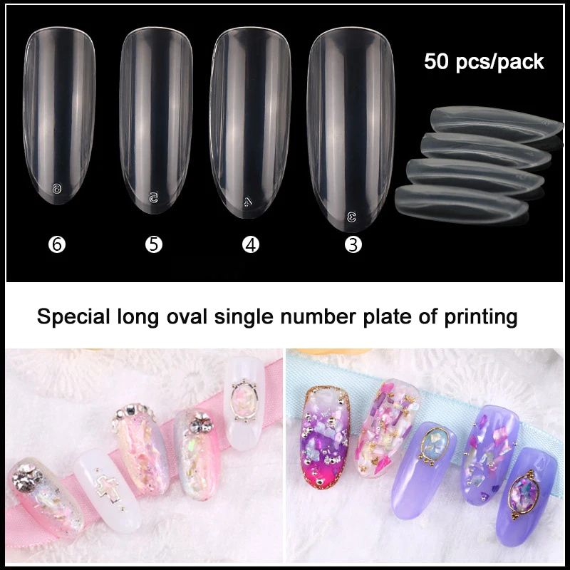 

50pcs/pack Full Oval Nails Special long oval single number plate of printing False Nails decoration Natural/Clear Fake Nails Art